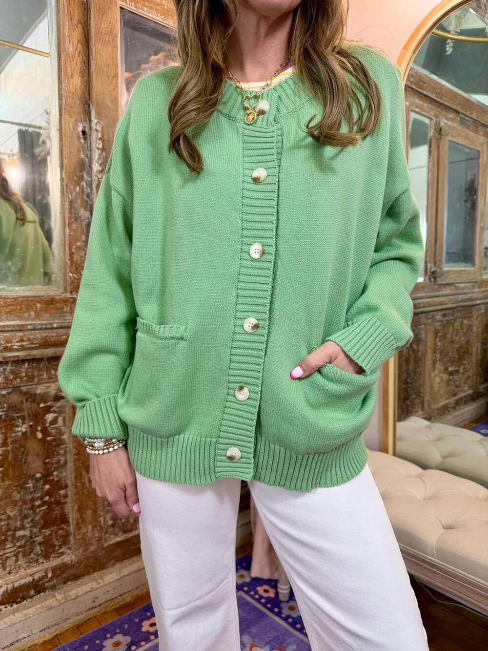 NEW WISHLIST ribbed contrast sweater cardigan in green